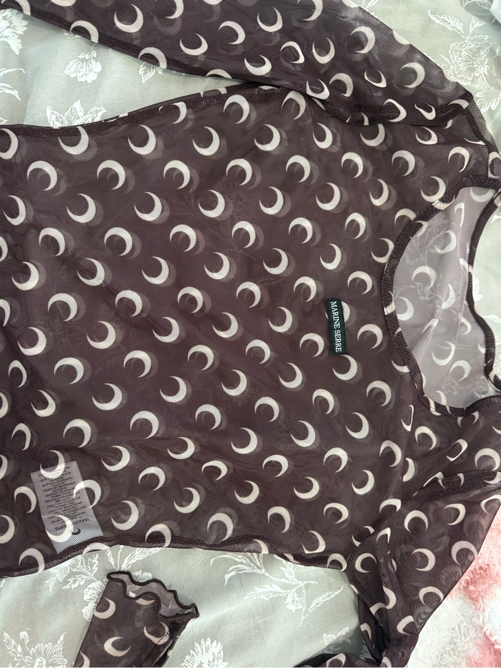 Marine Serre Brown Moon-Print Cropped Long Sleeve Top and matching sheer pants - Picture 4 of 11